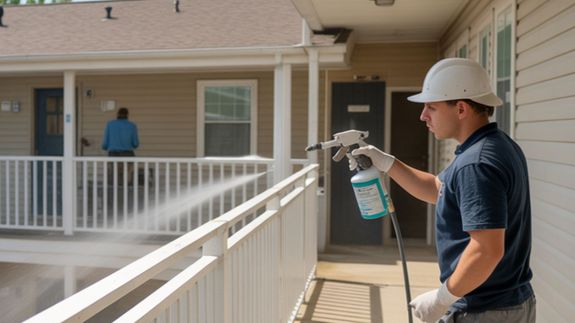 Man in Orange Jacket and Pants Standing on Road Using a Power Spray