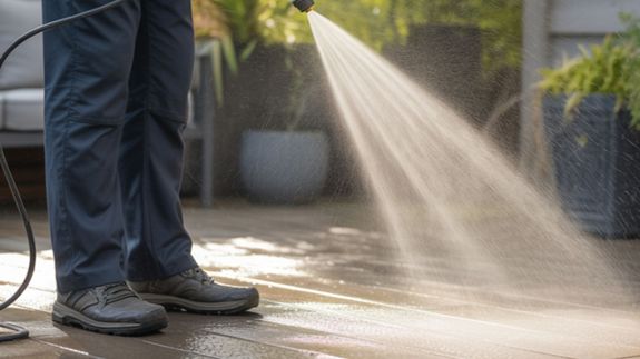 Man in Orange Jacket and Pants Standing on Road Using a Power Spray