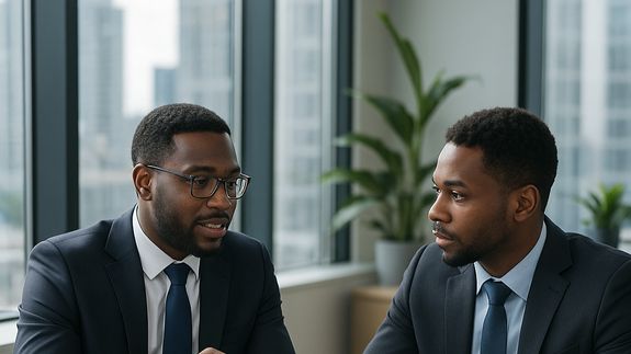 An elderly businesswoman in an office setting, smiling while using a laptop.